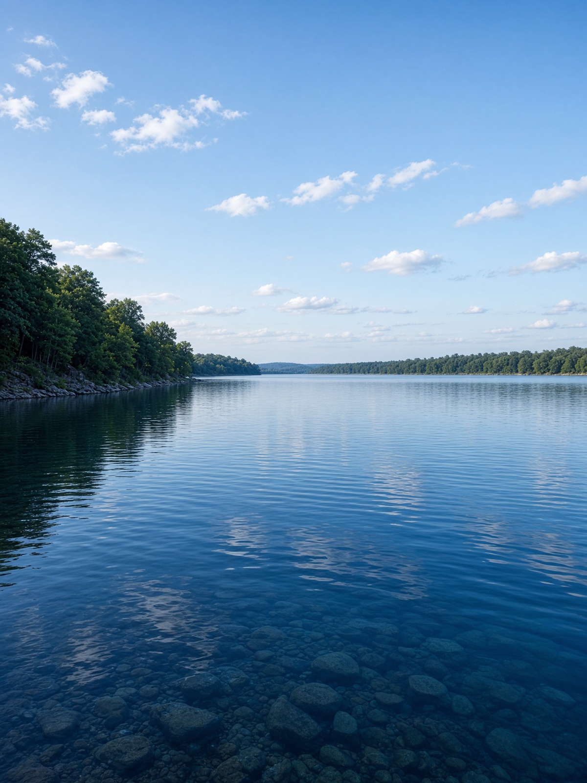 Blue water and green trees near Granbury